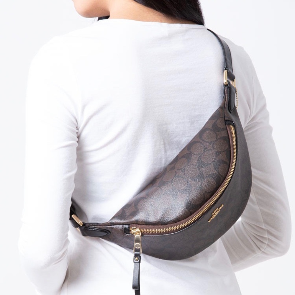 New Coach Black/Brown Signature Belt Bag $298 - Picture 2 of 4